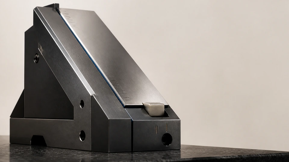 Instrumento ficticio de precisión construido en metal oscuro y acero cepillado.