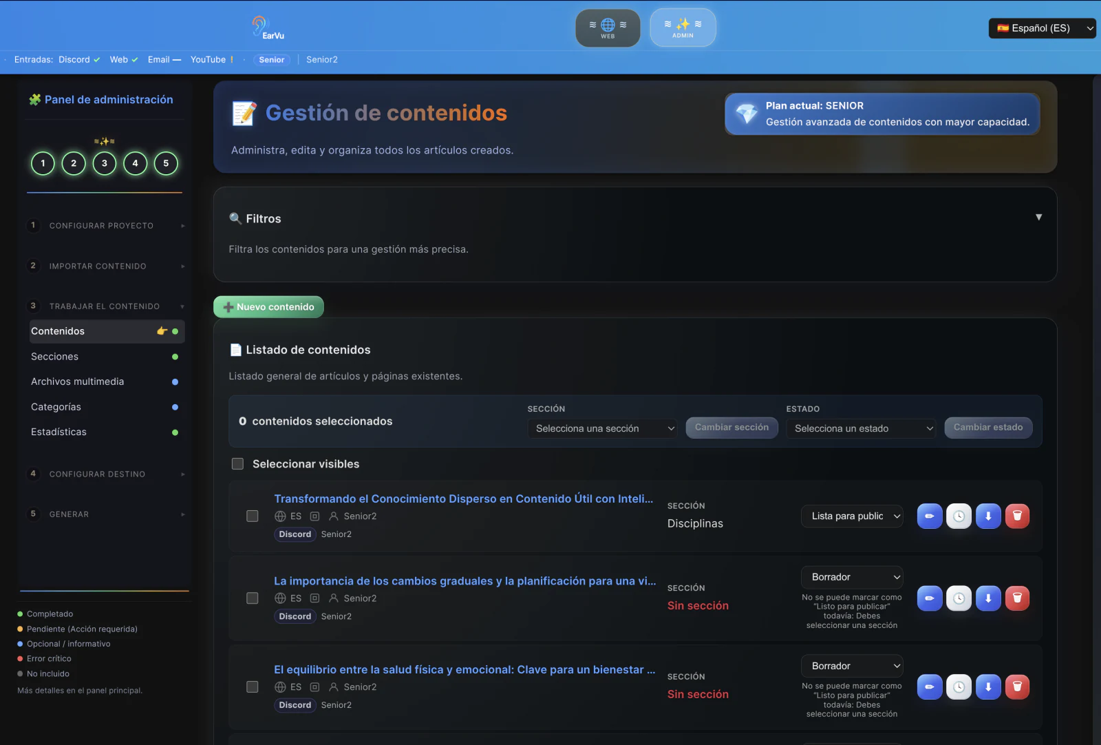 Panel de gestión de contenidos de EarVu