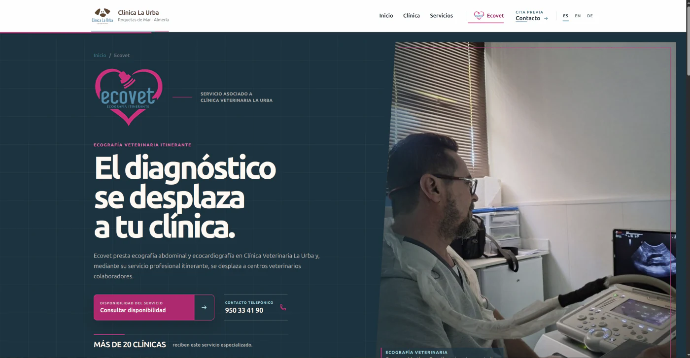 Vista de la sección Ecovet en la web de Clínica Veterinaria La Urba